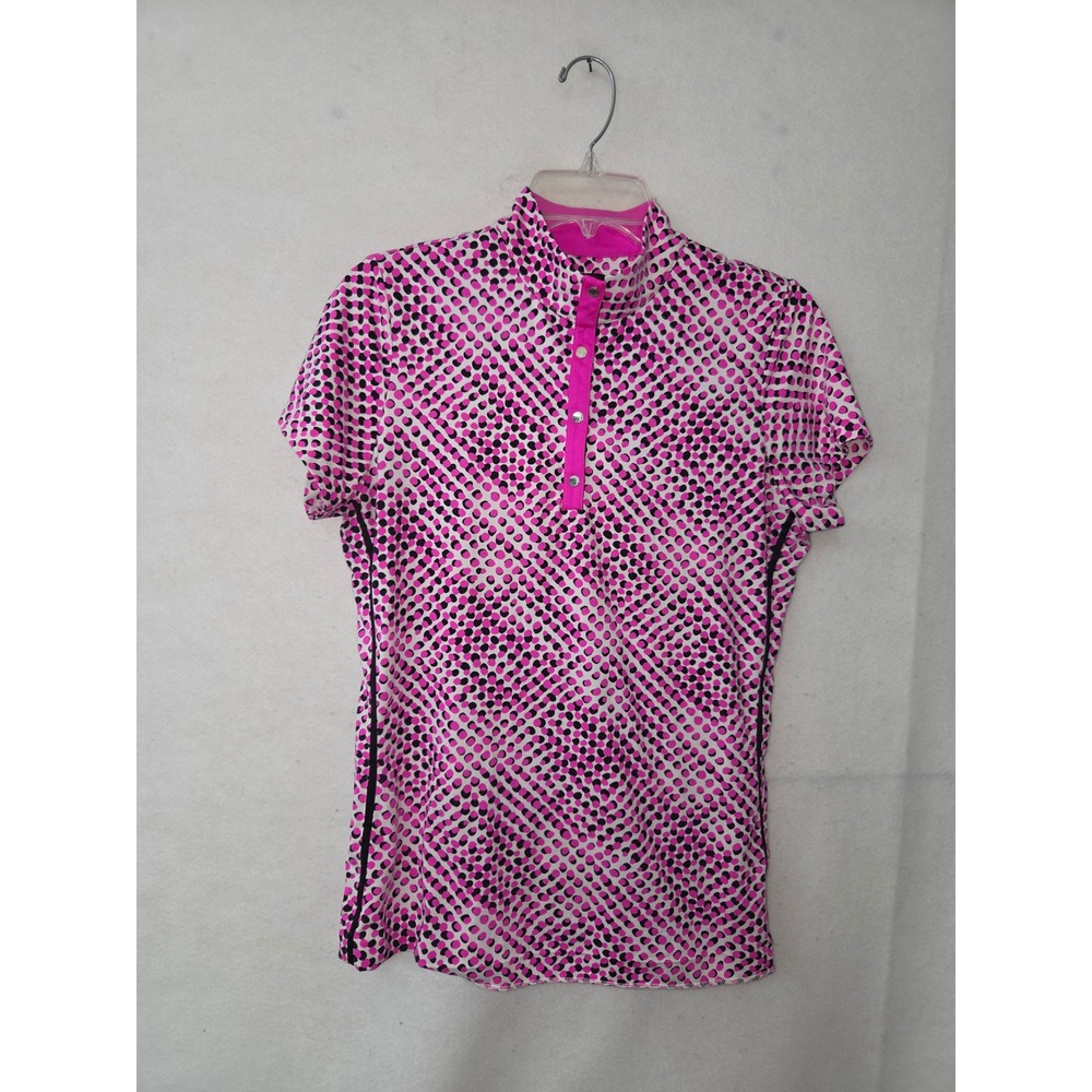 Tail Golf Polo Shirt Womens Medium Pink Black Dot Mock Neck Snap GC1436-E424